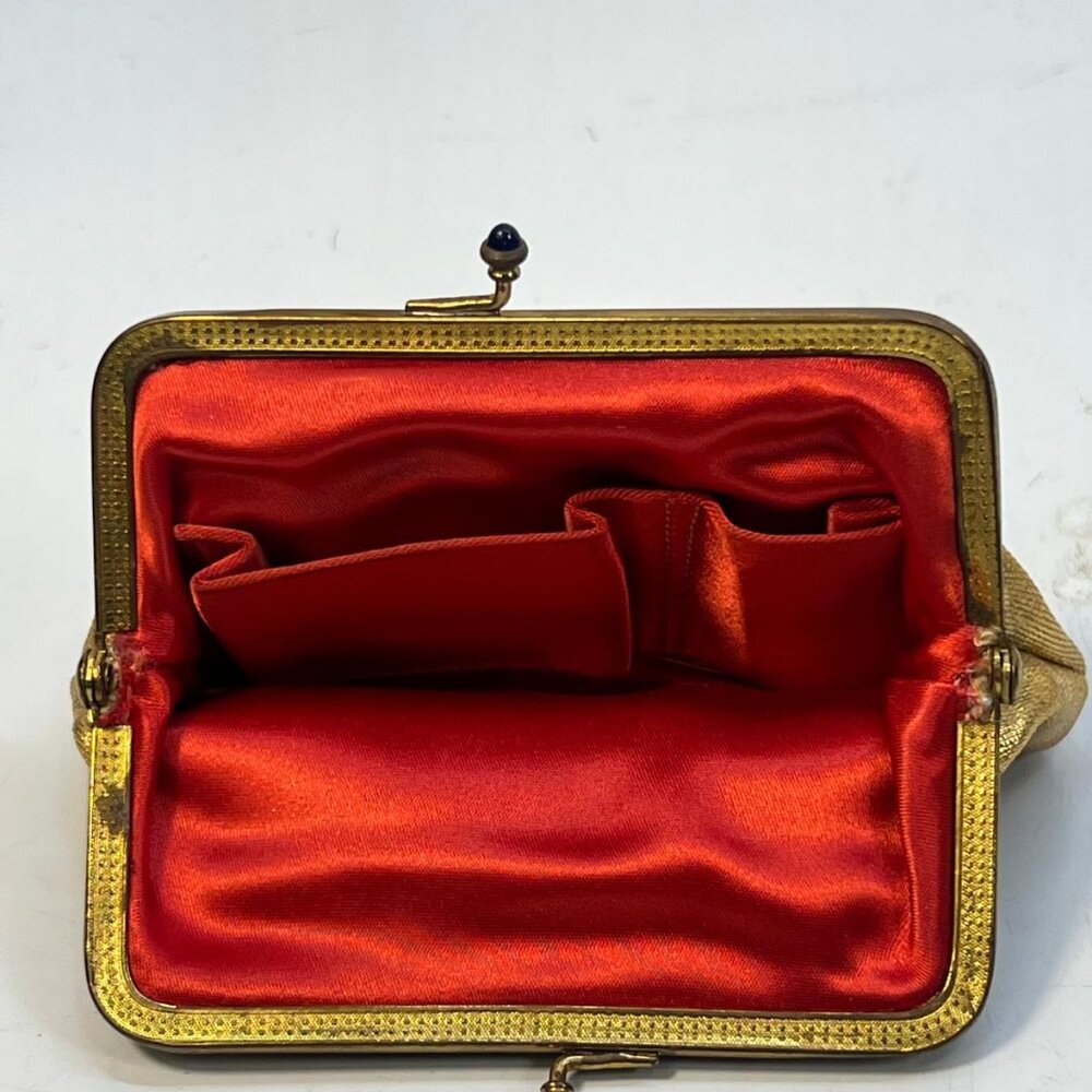 Vintage Gold Metallic Kiss Lock Coin Purse Blue Bead Clasp Red Satin Lining - Picture 3 of 4